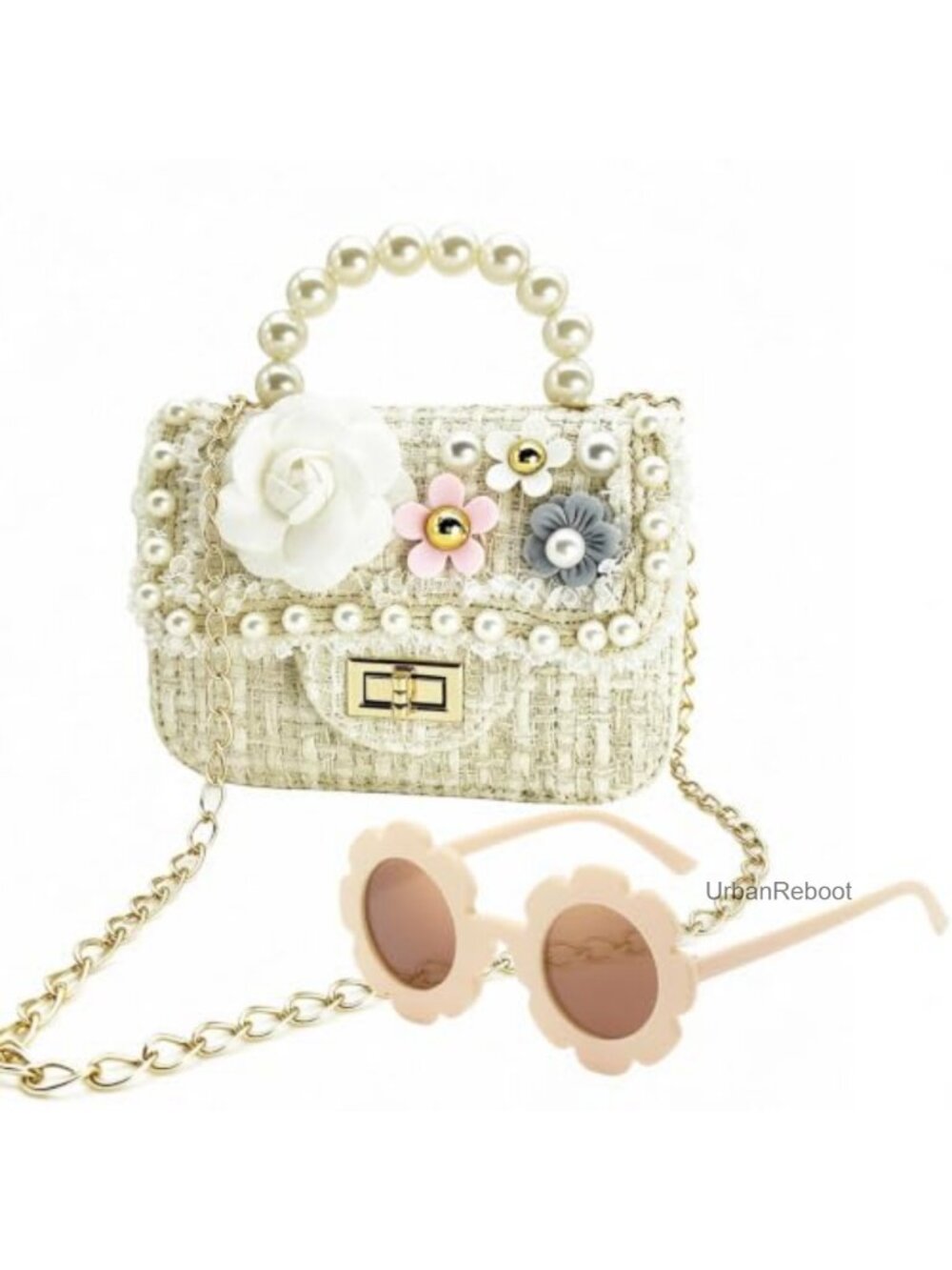 Girls Mini Crossbody Chain Purse Set with Sunglasses Pearl Handle